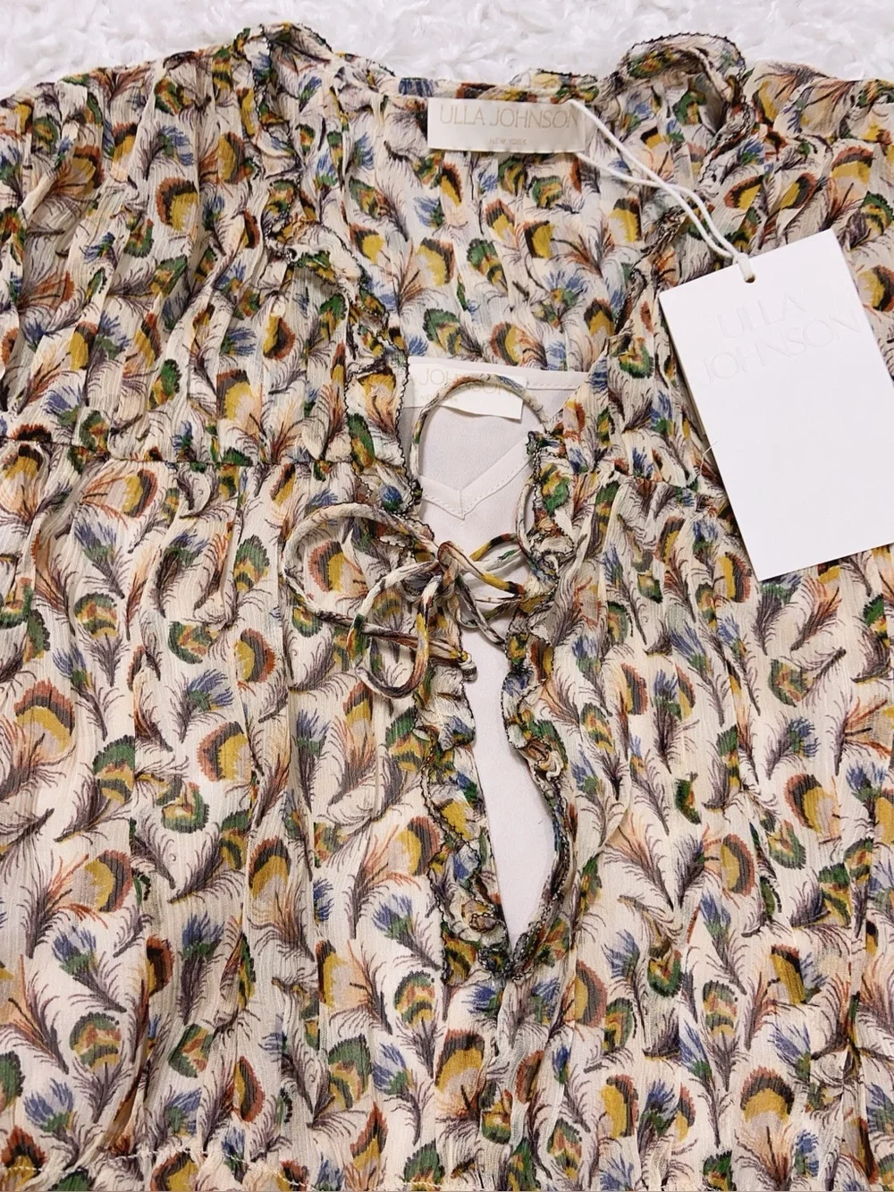 NWT $520 Ulla Johnson Robbie Feather-Print Silk Tie-Front Blouse
